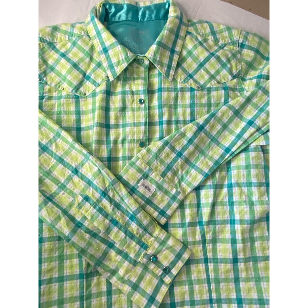 Women's Twenty X Green Plaid Snap Down With‎ Green Jeweled Snaps-Size M